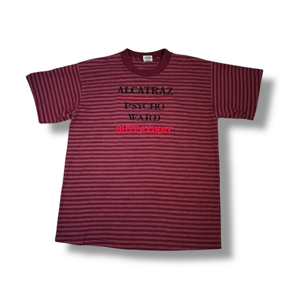 Vintage Alcatraz Tee Shirt Psycho Ward Outpatient Embroidered Striped Red Large - Picture 2 of 5